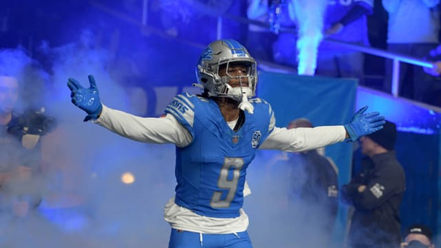 Detroit Lions wide receiver Jameson Williams celebrates during starting lineup introductions.